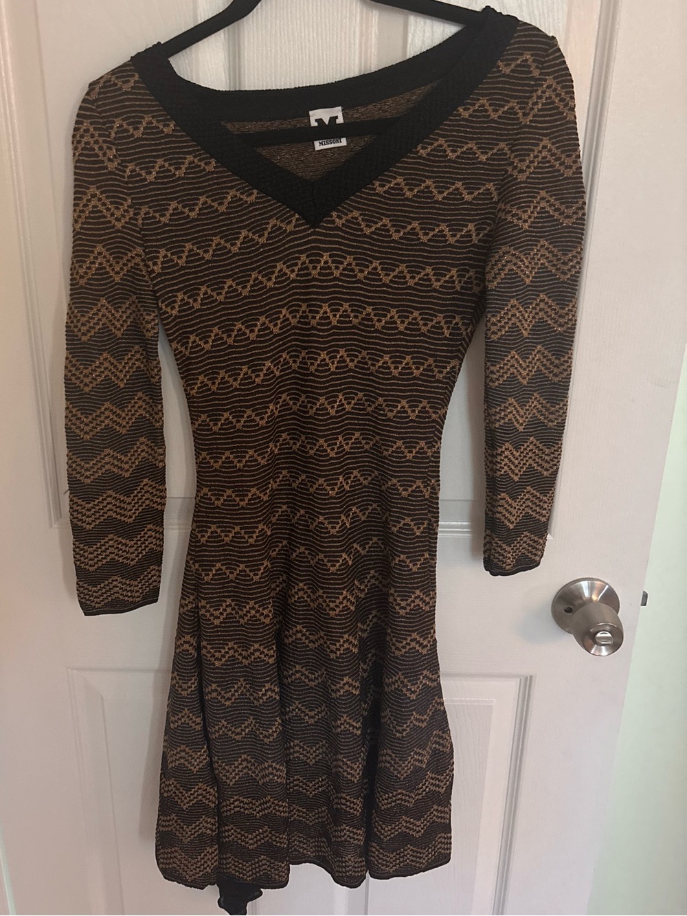 Missoni Black and Brown Long-Sleeve Knit V-Neck Dress